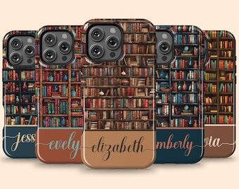 Custom Name Bookshelf Academia iPhone 17 Air Case, Personalized Book Lover Phone Case for iPhone 16 Pro Max, 15 Plus, 14, 13 Mini, 12, 11, X