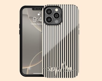 Custom Name Chic Vertical Stripes iPhone 17 Air Case, Personalized Black on Cream Case for iPhone 16 Pro Max, 15 Plus, 14, 13 Mini, 12, 11