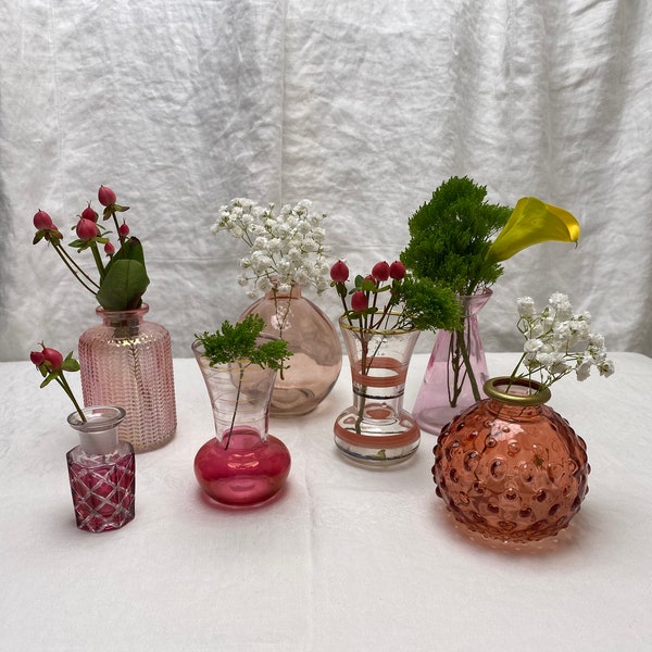 Eclectic Thrifted Collection of 7, Pink, Glass, Mismatched, Bud Vases for Wedding Decor, Table, Cabinet, or Mantle Decor