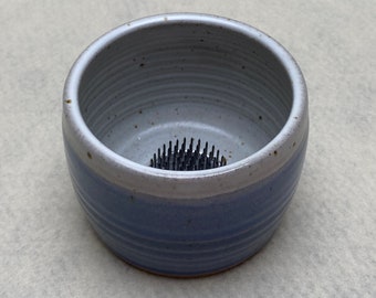 Ikebana Vase with Kenzan, Blue and Gray Japanese Flower Arranging Dish, Sanibel Pottery 1994