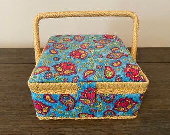 Mid Century Mod Fabric Covered Sewing Basket, Built In Pin Cushion, Pocket and Handle, Great Colors