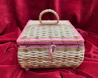 Lovely Pink Sewing Basket with Music Box, Woven Neutrals and Gold with Pink Accents, Pink Interior, Ball Feet, Great Condition