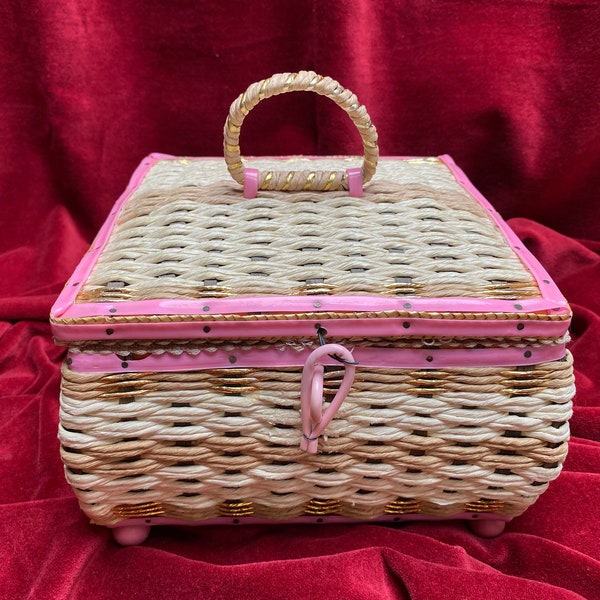 Lovely Pink Sewing Basket with Music Box, Woven Neutrals and Gold with Pink Accents, Pink Interior, Ball Feet, Great Condition