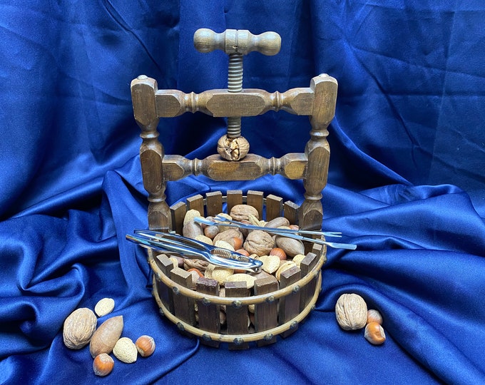 Wood Wishing Well Nut Bowl With Nutcracker, 2 Picks AND Nuts, Mid
