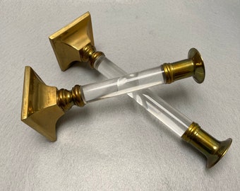 Vintage Pair of Brass and Lucite Graduated Candlesticks, 10.75 inch and 8.5 inch