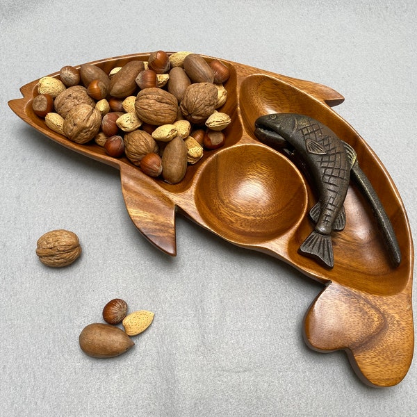 One of a Kind Monkey Pod Fish Nut Dish with MCF Cast Iron Fish Nutcracker AND a Pound of Mixed Nuts!