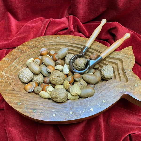 Collapsible Fish Shaped Wood and Brass Nut Dish with Nutcracker AND a Pound of Nuts!