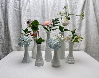 Eclectic Thrifted Collection of 7, Milk Glass, Mismatched, Bud Vases for Wedding Decor, Table, Cabinet, or Mantle Decor