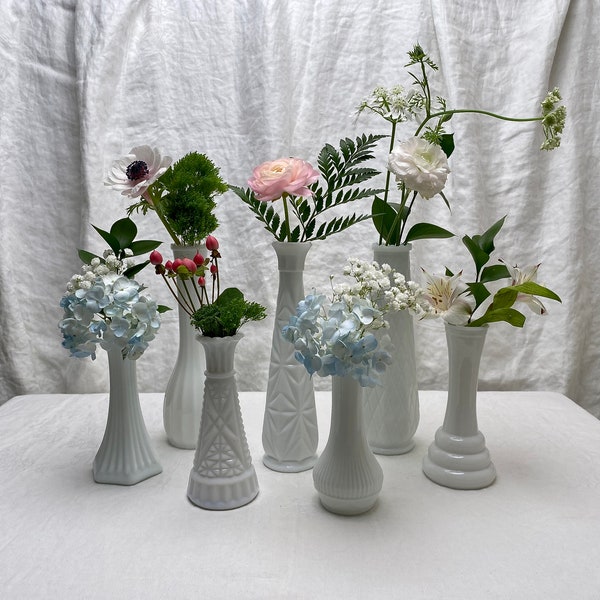 Eclectic Thrifted Collection of 7, Milk Glass, Mismatched, Bud Vases for Wedding Decor, Table, Cabinet, or Mantle Decor