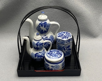 Asian Blue & White Tea Serving Set, 10 pieces, Tray, Tea Pot, Creamer, Sugar Bowl with Spoon, Tea Caddy, all with Lids, Mid Century