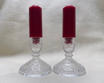 Unique Pair Art Nouveau Design Style Glass Candlesticks, Textured Glass with Bead and Vein Design, Excellent Condition, 3.75 Inches Tall