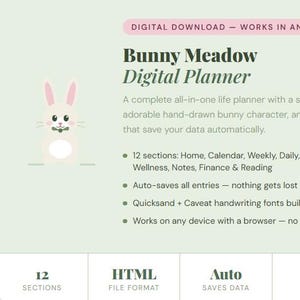Könnte beinhalten: Ein digitaler Planer mit dem Titel Bunny Meadow Digital Planner auf salbeigrünem Hintergrund mit einer rosa Hasenillustration. Er enthält 12 Abschnitte, darunter Home, Calendar, Weekly, Daily, Goals, Habits, Reflection, Mood, Wellness, Notes, Finance und Reading.