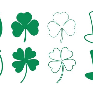 Puede incluir: Un conjunto de ilustraciones de trébol y herradura verdes. Los tréboles están en verde sólido y en contorno blanco. Las herraduras están en verde sólido. También hay dos sombreros de duende verde, uno con una banda blanca y otro con una banda verde.