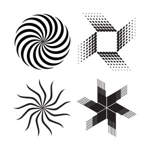 以下が含まれることがあります： 黒と白の抽象的な幾何学模様が4つ。模様は渦巻き、星形、星、渦巻きです。