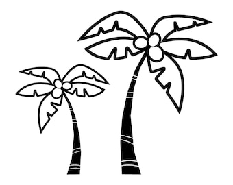 May include: Black and white line drawing of two palm trees with coconuts. The trees are stylized and have a cartoonish look.