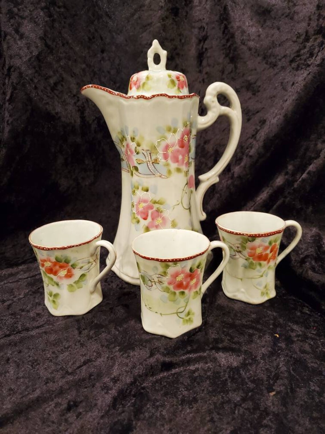 Vintage Victorian Chocolate Pot with Three Cups. All pieces Etsy