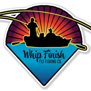 May include: A silhouette of two people in a boat fishing at sunset with a fishing line and rod. The boat is on a blue lake with a sunset behind them. The text "Whip Finish FLY FISHING CO." is below the boat.