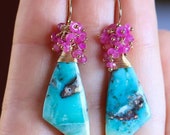 Beautiful Turquoise and Ruby Dangle Earrings, Turquoise Smooth Fancy shape Sterling Silver Earring
