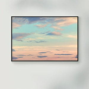 INSTANT DOWNLOAD, sky sunset photo, with pastel yellow, light grey and orange color clouds in a turquoise sky