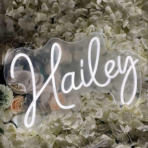 May include: A clear acrylic sign with the name "Hailey" in white neon script. The sign is mounted on a backdrop of white and peach-colored flowers, creating a soft, romantic aesthetic. The sign has two small holes for hanging.