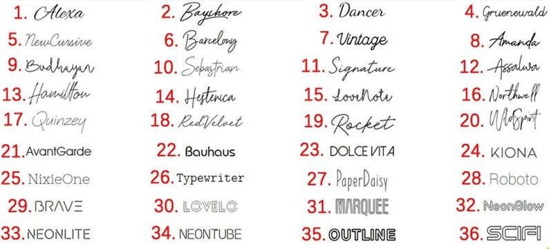 May include: A list of 36 different font names, numbered 1 through 36, written in each font style. The font names are written in black ink on a white background.