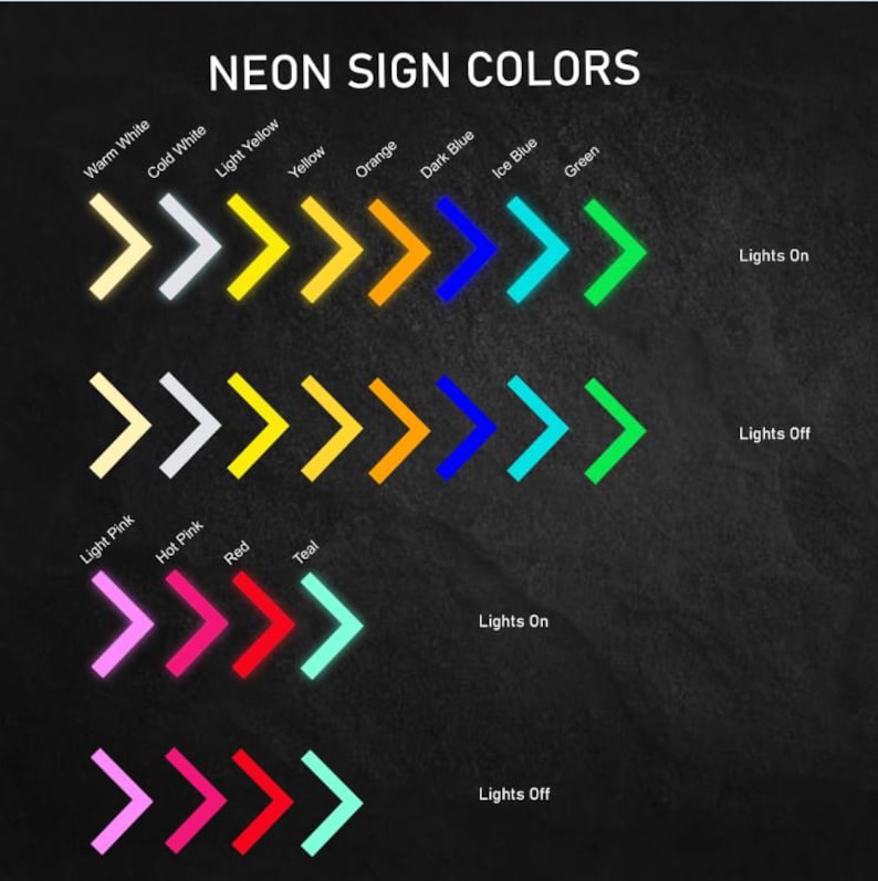 May include: A chart showing different neon sign colors with arrows indicating the color when the lights are on and off. The colors include warm white, cold white, light yellow, yellow, orange, dark blue, ice blue, green, light pink, hot pink, red, and teal.