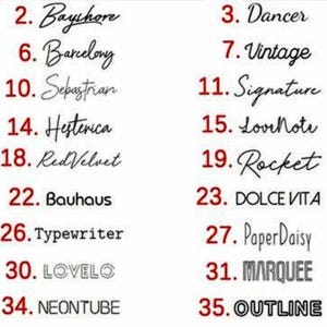 May include: A list of 36 different font styles, numbered 1 through 36, with each font style name written in the corresponding font. The font styles include Alexa, Bayshore, Dancer, Gruenewald, NewCursive, Barcelony, Budhayır, Sebastian, Vintage, Signature, Hamilton, Hesterica, LovrNote, Quinzey, Red Velvet, Rocket, Amanda, Assalwa, Northwell, W, AvantGarde, Bauhaus, DOLCE VITA, KIONA, NixieOne, Typewriter, Paper Daisy, MARQUEE, Roboto, NeonGlow, SCIFI, BRAVE, LOVELO, NEONLITE, and NEONTUBE.