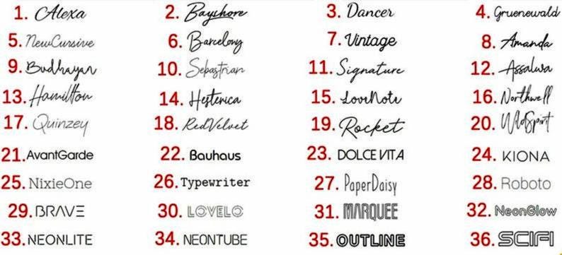 May include: A list of 36 different font styles, numbered 1 through 36, with each font style name written in the corresponding font. The font styles include Alexa, Bayshore, Dancer, Gruenewald, NewCursive, Barcelony, Budhayır, Sebastian, Vintage, Signature, Hamilton, Hesterica, LovrNote, Quinzey, Red Velvet, Rocket, Amanda, Assalwa, Northwell, W, AvantGarde, Bauhaus, DOLCE VITA, KIONA, NixieOne, Typewriter, Paper Daisy, MARQUEE, Roboto, NeonGlow, SCIFI, BRAVE, LOVELO, NEONLITE, and NEONTUBE.