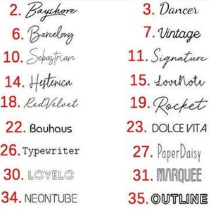 May include: A list of 36 different font names, numbered 1 through 36, written in each font style. The font names are written in black ink on a white background.