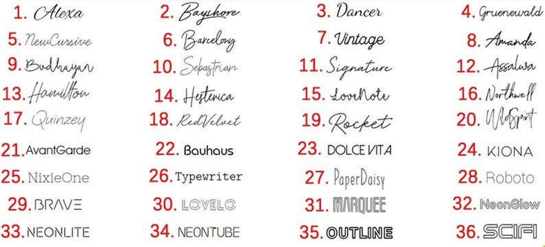 May include: A list of 36 different font names, numbered 1 through 36, written in each font style. The font names are written in black ink on a white background.