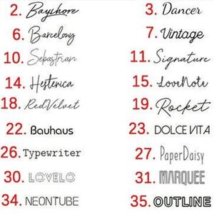 May include: A list of 36 different font names, numbered 1 through 36, written in each font style. The font names are written in black ink on a white background.