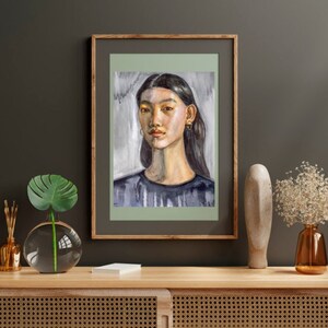 Aziatisch meisjesportret, professionele aquareltekening, perfecte tekening voor donkere interieurs, aquarelportret, woondecoratie, wandkleden