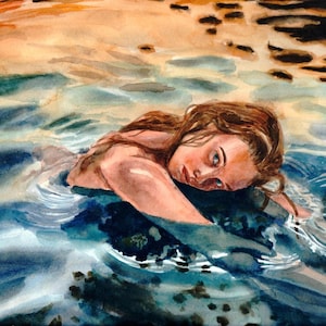Watercolor Painting of a Woman Floating in Water - &quot;Still Tide&quot; | Dreamy Ocean Art | Original Figurative Piece