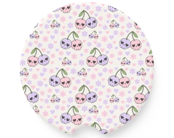 Posavasos para coche con diseño de calavera y cerezas en tonos pastel / Posavasos para coche de esteatita