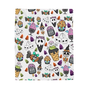 Cute Spooky Halloween Candy Skulls Velveteen Plush Blanket | Ghost Ice Cream Cone Pattern