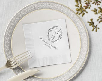 ローレルモノグラムナプキン｜ホワイトカクテルナプキン、結婚式のイニシャル入り