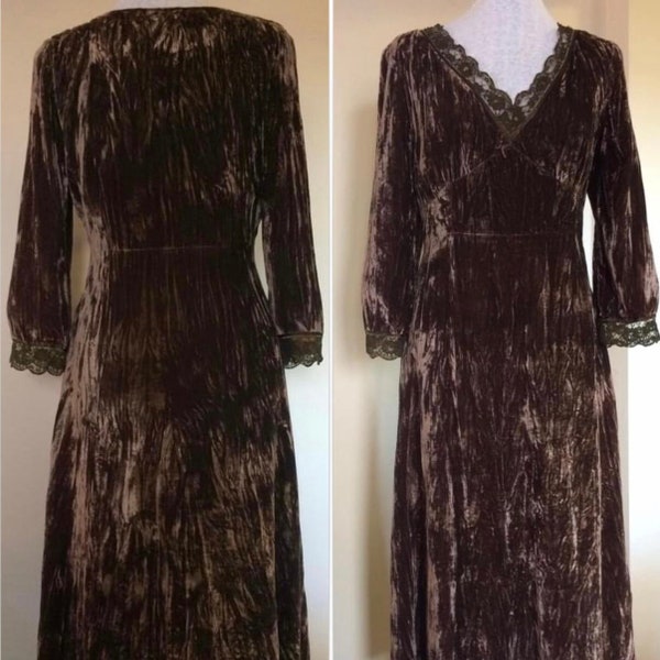 Vintage Crushed Velvet Boho Dress/ Beautiful Brown Silky Velvet from the 70s