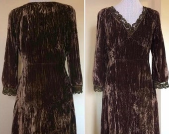 Vintage Crushed Velvet Boho Dress/ Beautiful Brown Silky Velvet from the 70s