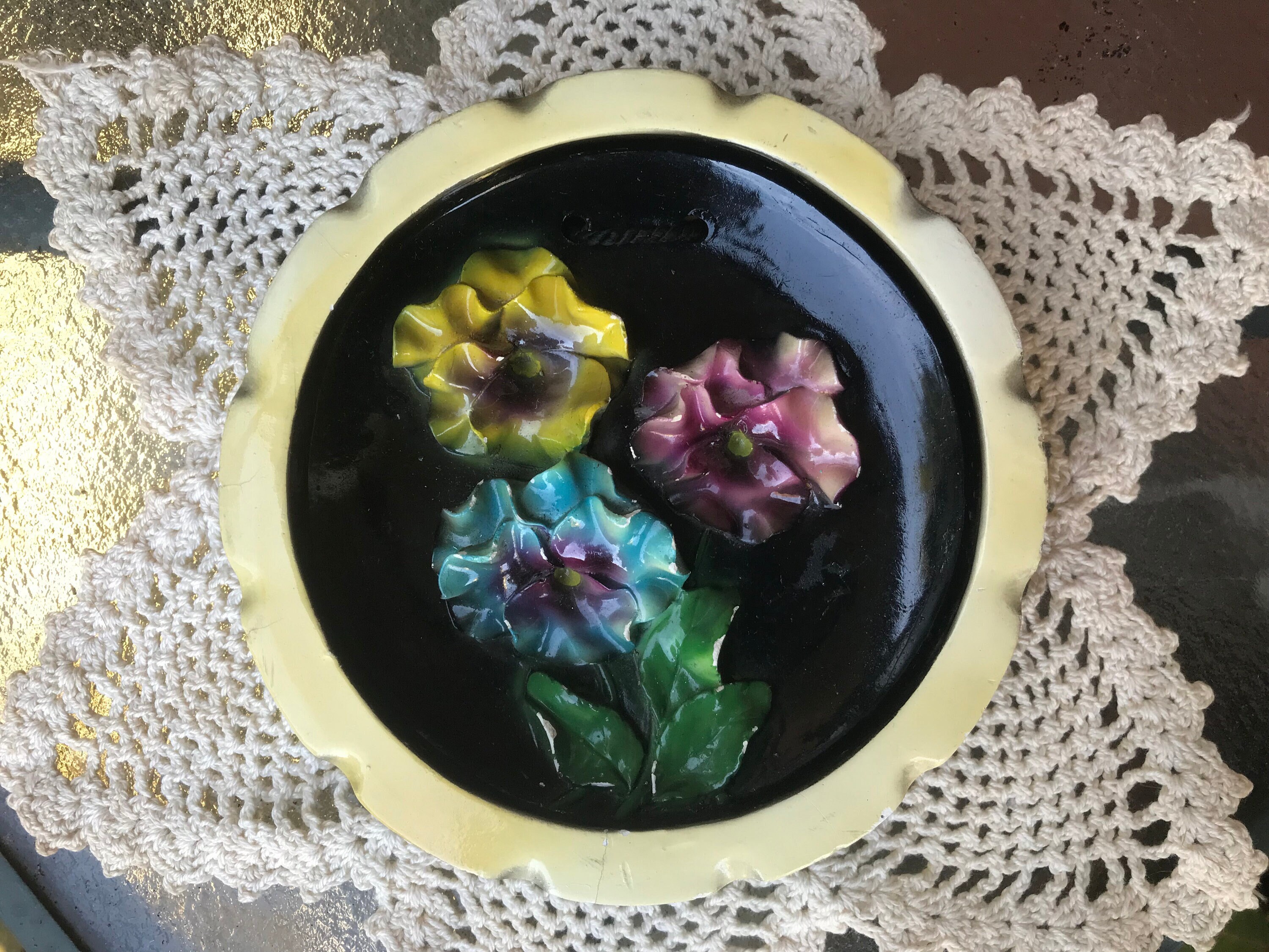 Vintage favor Ware Chalkware Pansy Plaque J.h.grand Jeweller, Hamilton