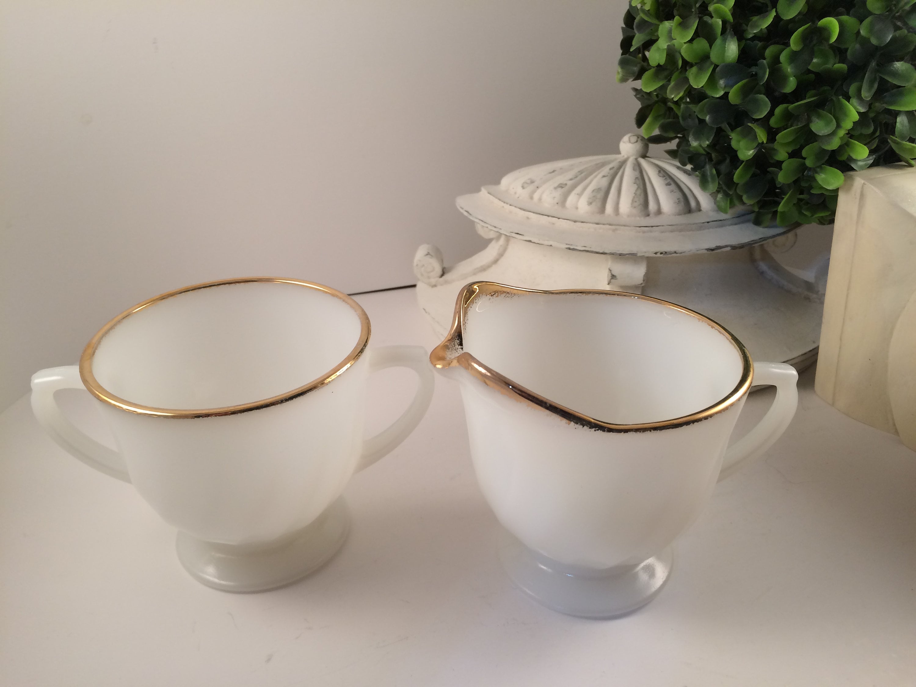 Vintage 1950s Fire King Swirl Anniversary Milk Glass Dishes with Gold Gilt Trim Vintage 1950s Fire King Swirl Anniversary Milk Glass Dishes with Gold Gilt Trim