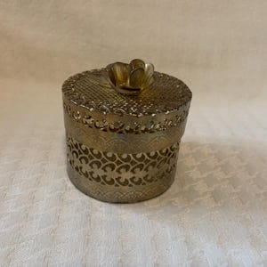 Vintage 1990s Hollywood Regency Round Filagree Box- Gold Colour Metal Trinket Box