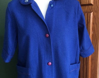 Vintage Blue Wool Child’s Housecoat with Pockets- Button Front 1940s or 1950s