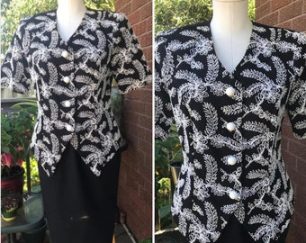 Vintage Black & White Petite Skirt Suit / Short Sleeve Retro Skirt Set- Embroidered Top- Y2K era