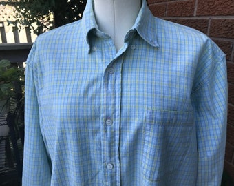 Vintage Men’s Blue & Yellow Plaid Shirt- Front Pocket Button Down Shirt