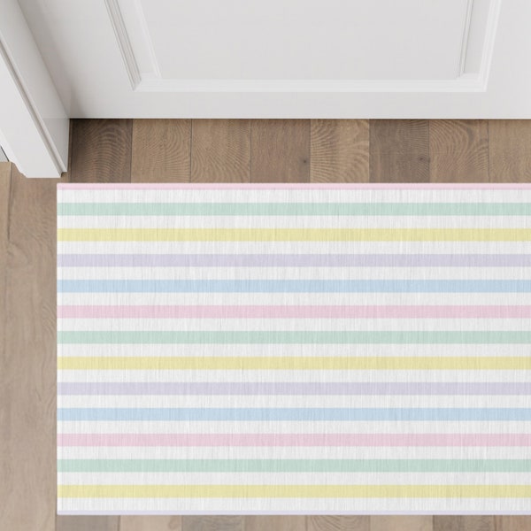 Door Mat | Pastel Stripe Pattern | Layering with another rug | Indoor / Outdoor | Easter Holiday, Spring and Summer Season | 24x36