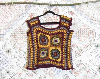 Granny square top | Hand made crochet shirt with cute details | Fits size XL