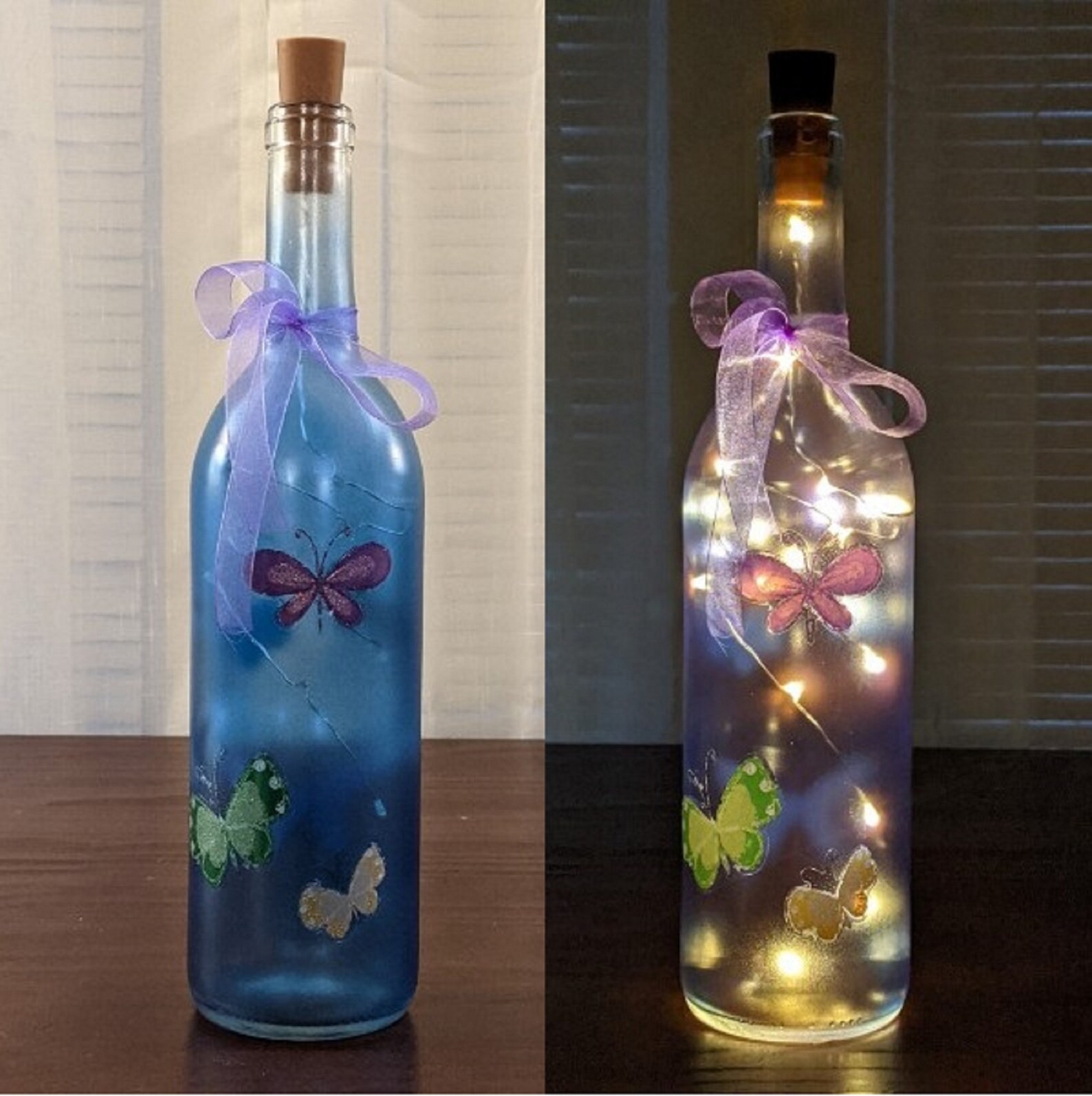 Spring Butterflies Blue Wine Bottle With Soft White Fairy Etsy