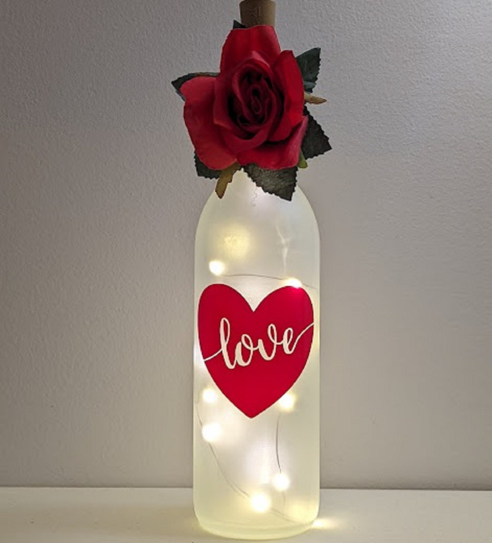 Valentine's Love Heart Wine Bottle With Rose & Fairy Lights - Etsy