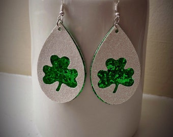 St. Patrick’s Day Faux Leather Earrings, Glitter Earrings, Shamrock Earring, Dangle Earrings, St Paddy’s Day Earrings, Irish Earrings