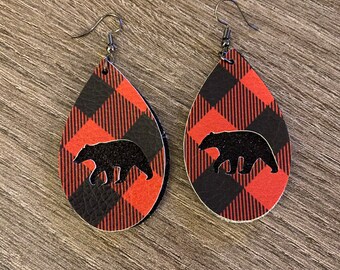 Mama Bear Earrings, Bear Dangle Earrings, Dangle Earrings, Buffalo Plaid Earrings, Faux Leather Earrings, Red Plaid Earrings